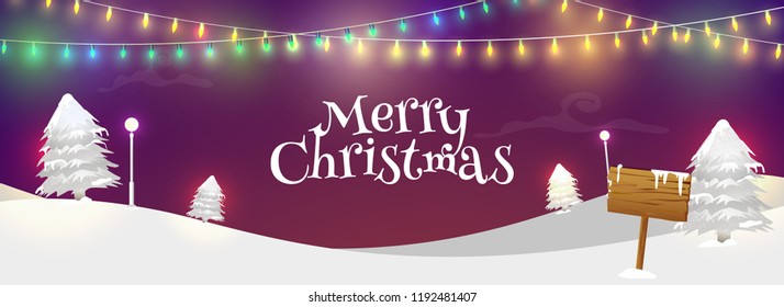 Merry Christmas celebration concept, snowy winter background decorated with bunting light. Website header or banner design.