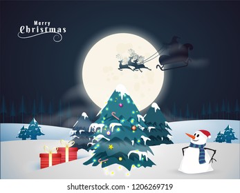 Merry Christmas celebration concept, snowy winter landscape with xmas trees, snowman and gift boxes illustration. Can be used as greeting card design.
