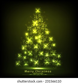 Merry Christmas celebration concept with stars decorated X-mas tree on shiny green background.