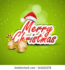 Merry Christmas celebration concept with stylize text, golden xmas balls and Santa Claus hat on shiny green background, can be use as flyer, banner or poster. 