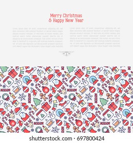 Merry Christmas celebration concept with thin line New Year and Christmas symbols for web page, banner, invitation, greeting card, print media. Vector illustration.