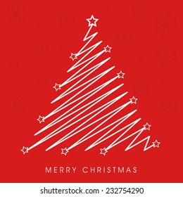 Merry Christmas celebration with creative stylish X-mas tree on snowflake decorated red background.