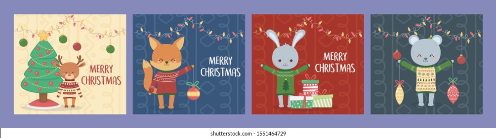 merry christmas celebration cute animals with sweater tree gifts balls lights banner vector illustration