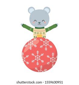 merry christmas celebration cute bear with sweater and ball decoration vector illustration