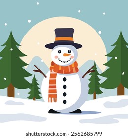 Merry christmas celebration with cute cartoon snowman in snowfall xmas tree background illustration.
