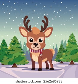 Merry Christmas Celebration with Cute Cartoon Reindeer Wearing Scarf and Standing in Snowfall Christmas Tree Landscape Vector illustration.