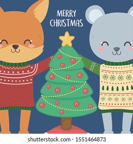 merry christmas celebration cute fox and rabbit with sweater and tree decoration vector illustration