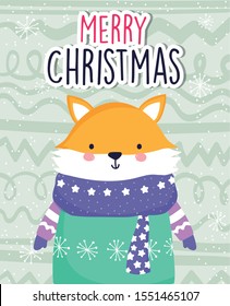 merry christmas celebration cute fox wearing scarf and sweater vector illustration
