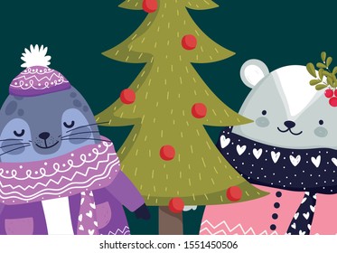 merry christmas celebration cute monk seal and rabbit with sweater and tree vector illustration