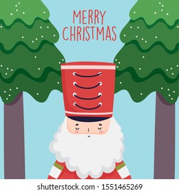 merry christmas celebration cute nutcracker soldier with hat and trees snow vector illustration