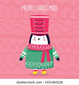 merry christmas celebration cute penguin with hat and scarf sweater vector illustration