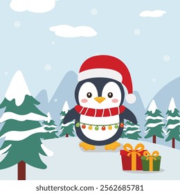 Merry christmas celebration with cute penguin wearing santa hat with gift boxes on snow covered xmas tree landscape vector illustration.