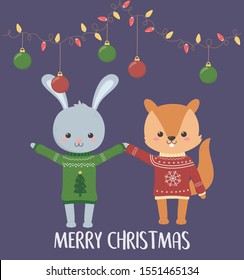 merry christmas celebration cute rabbit and squirrel with sweater and hanging balls and lights vector illustration