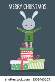 merry christmas celebration cute rabbit with sweater standing on gifts vector illustration
