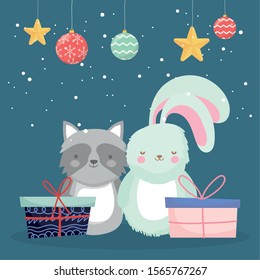 merry christmas celebration cute rabbit raccoon gifts balls and stars snow vector illustration
