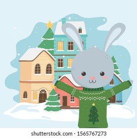 merry christmas celebration cute rabbit with ugly sweater town snow trees vector illustration