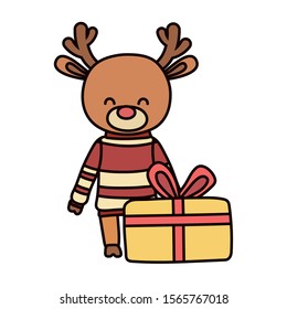 merry christmas celebration cute reindeer with sweater gift vector illustration