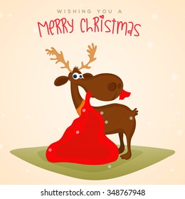 Merry Christmas celebration with cute Reindeer holding gift sack by mouth on stylish background.