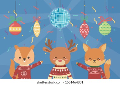 merry christmas celebration cute squirrel reindeer and fox party balls confetti lights vector illustration