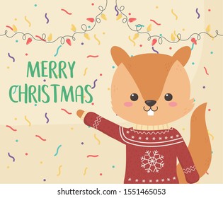 merry christmas celebration cute squirrel with sweater lights confetti decoration vector illustration