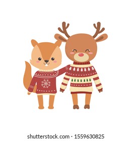 merry christmas celebration cute squirrel and deer with sweater decoration vector illustration