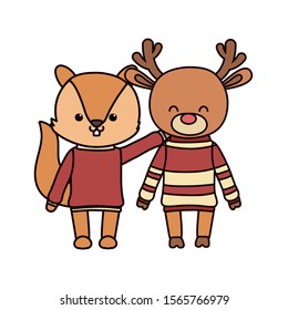 merry christmas celebration cute squirrel and deer with sweater decoration vector illustration