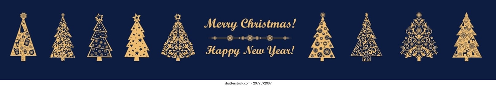 Merry Christmas! Celebration dark background with gold Christmas tree and place for your text. Set of christmas trees. Holidays Background with a gold glitter and lettering. Vector illustration 