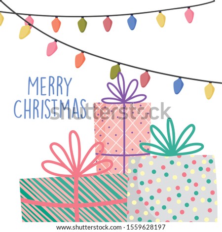 merry christmas celebration decoration gits with ribbon and lights vector illustration