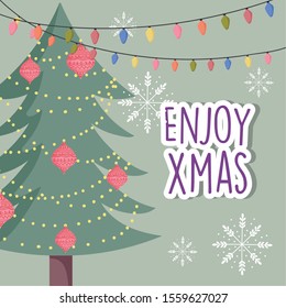 merry christmas celebration decorative tree balls lights snowflakes vector illustration