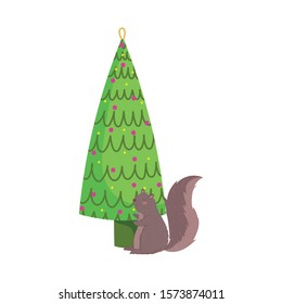 merry christmas celebration decorative tree with squirrel vector illustration