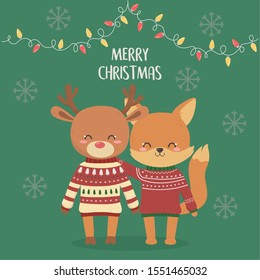 merry christmas celebration deer and fox with sweater lights green background vector illustration