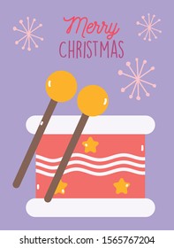 merry christmas celebration drum and drumsticks snowflakes vector illustration