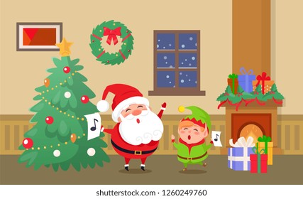 Merry Christmas celebration of elf and Santa Claus vector. Home interior decorated with wreath, garlands and star on top of pine tree. Caroling with notes