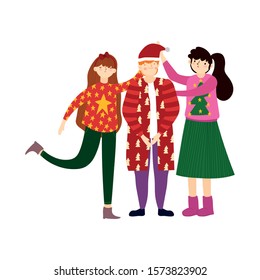 merry christmas celebration family wearing ugly sweater leaves vector illustration
