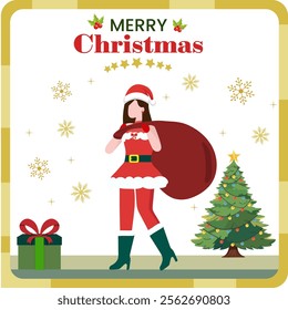 Merry Christmas Celebration with female santa cartoon carry a red sack with gift box and xmas tree, snowflake decoration in white background.