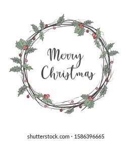 Merry Christmas celebration festive design card. Retro design template. Winter holiday decoration. Vintage illustration. Xmas wreath.