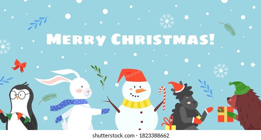 Feliz celebración navideña ilustración vectorial plana. Animales de dibujos animados de Feliz Navidad, erizo de ovejas con sombrero festivo llevando regalos de Navidad, pingüino con banderas, hombre de nieve celebrando los antecedentes
