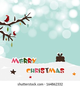 Merry Christmas celebration flyer, banner, poster or invitation with two love bird in Santa hat sitting on a tree branch, winter background. 