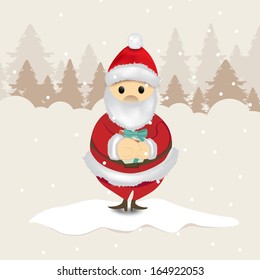 Merry Christmas celebration flyer, banner or poster with happy Santa Claus holding gift box on winter background. 