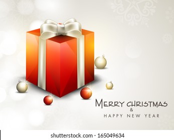 Merry Christmas celebration flyer, banner, poster or invitation with gift box wrapped in orange paper with silver ribbon on shiny abstract background, 