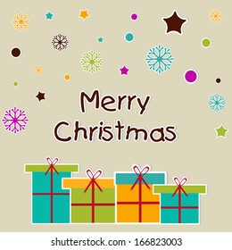 Merry Christmas celebration flyer, banner, poster or invitation with gift boxes on colorful snowflakes decorated background. 