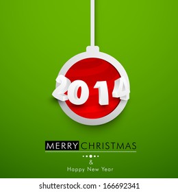 Merry Christmas celebration flyer, poster, banner or invitation with hanging Xmas ball and stylish text 2014, 