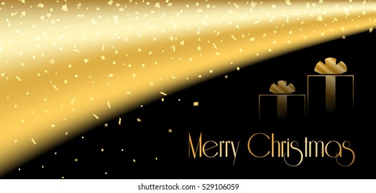 Merry Christmas celebration gold background. Decorative golden gift box for Xmas tree. Simple design for card, greeting. Shine light Happy New Year holiday decoration. Vector illustration