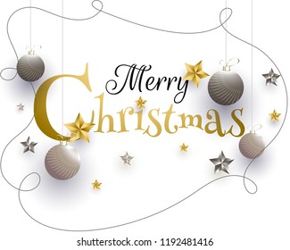 Merry Christmas celebration greeting card design with stylish lettering on white background decorated with hanging baubles.