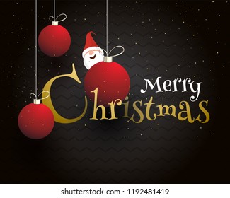 Merry Christmas celebration greeting card design with illustration of hanging baubles and santa on black background.