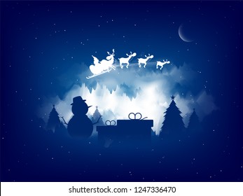 Feliz Navidad, diseño de tarjetas de felicitación con silueta de un muñeco de nieve y santa montando su trineo de reno en el fondo de la noche.