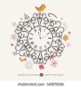 Merry Christmas celebration greeting card or invitation card with floral decorative clock on colorful ornaments background. 