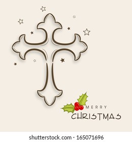 Merry Christmas celebration greeting card or invitation card with Christian cross on abstract background. 