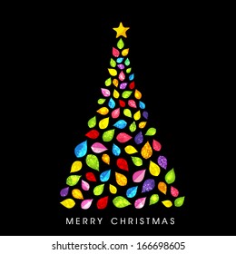 Merry Christmas celebration greeting card or invitation card with colorful Xmas tree on black background. 