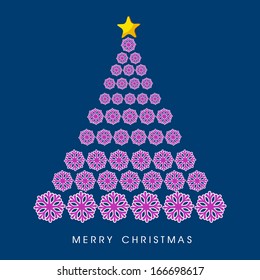 Merry Christmas celebration greeting card or invitation card with snowflakes decorated Xmas tree on blue background. 